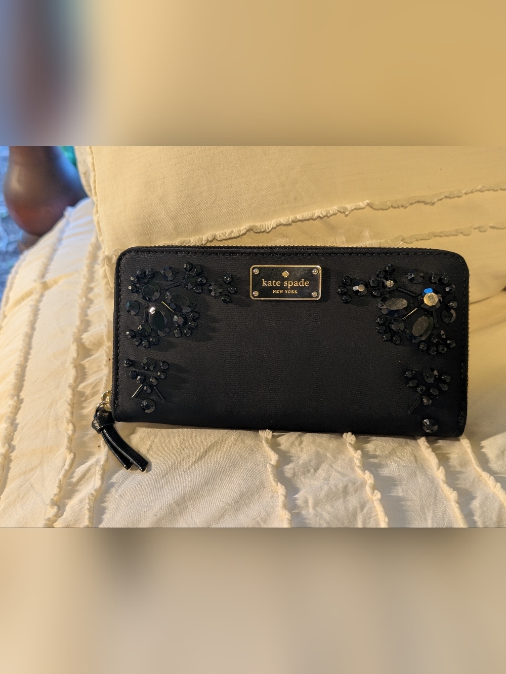 kate spade black beaded zip-around wallet